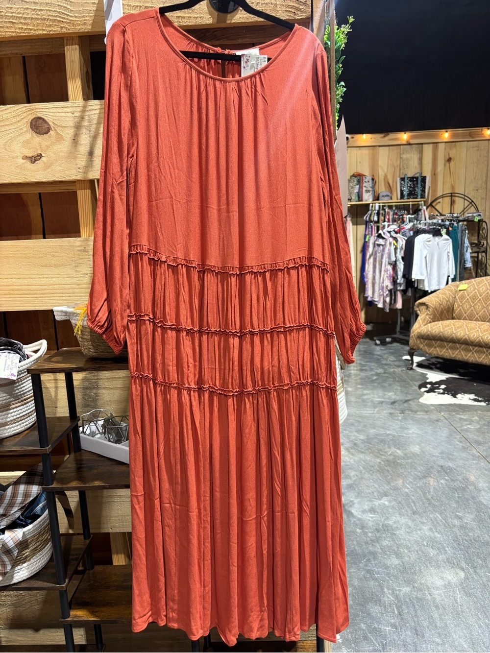Washed Rust Tiered Long Sleeve Maxi Dress